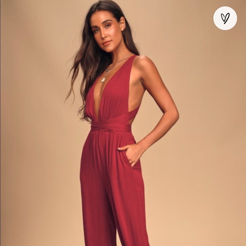 Lulus Lolinda Berry Red Convertible Halter Jumpsuit